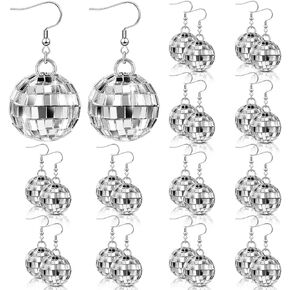 12 Pairs Women Disco Ball Earrings 60's Mirror Ball Earrings Silver Disco Earrings 70's Disco Accessories Hippie Disco Jewelry Dangle Disco Party Favors for Cowgirl Supplies