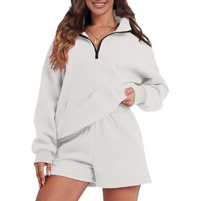 FKEEP Womens Sweatsuits 2 Piece Outfits Half Zip Sweatshirt Sweat Shorts with Pockets Lounge Sets