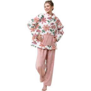 Focupaja 2 Piece Fuzzy Fleece Pajamas Women Winter Warm Sleepwear Sets Pullover Top & Pants Loungewear Teens Ladies Nightwear