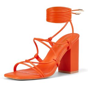 GENSHUO Women's Strappy Chunky Heels Sandals, Lace Up Square Open Toe Ankle Wrap Block Heeled Homecoming Wedding Dress Shoes