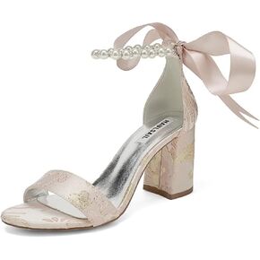 Block Heel Wedding Shoes for Bride Floral Wedding Heels Pearl Bridal Shoes Women Heeled Sandals