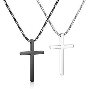 2Pcs Cross Necklace for Men, Silver Black Mens Stainless Steel Cross Pendant Necklace Jewelry Gifts for Men Boys Box Chain 16-30 Inches in Saudi Arabia