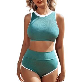 High Waisted Bikini Sets for Women Ribbed Tummy Control Bathing Suit Color Block Sporty 2 Piece Swimsuit Full Coverage Bottom