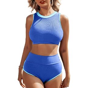 High Waisted Bikini Sets for Women Ribbed Tummy Control Bathing Suit Color Block Sporty 2 Piece Swimsuit Full Coverage Bottom