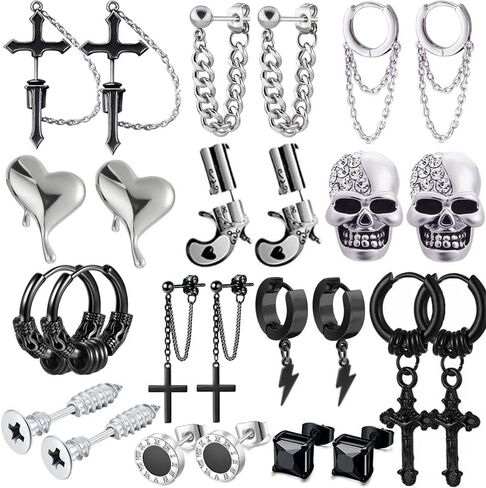 13 Pairs Stainless Steel Punk Y2K Black Dangle Earrings for Men, Skull Screw Cone etc Huggie Hoop Long Chain Piercing Hoop Earrings Set for Unisex in Kuwait