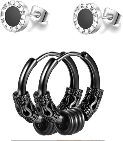13 Pairs Stainless Steel Punk Y2K Black Dangle Earrings for Men, Skull Screw Cone etc Huggie Hoop Long Chain Piercing Hoop Earrings Set for Unisex in Kuwait