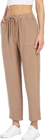 سراويل Dilgul النسائية القصيرة من الكتان برباط خصر مطاطي كاجوال فضفاضة ومريحة مع جيوب in Kuwait