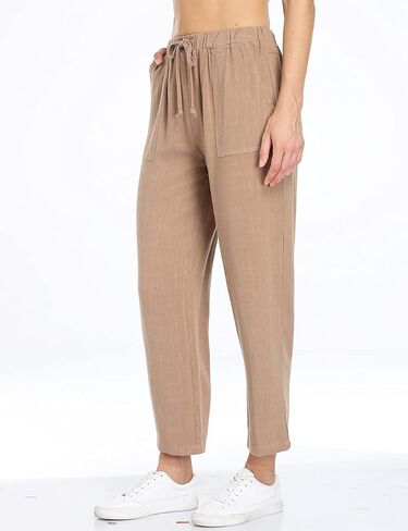 سراويل Dilgul النسائية القصيرة من الكتان برباط خصر مطاطي كاجوال فضفاضة ومريحة مع جيوب in Kuwait