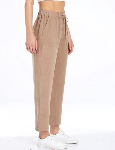 سراويل Dilgul النسائية القصيرة من الكتان برباط خصر مطاطي كاجوال فضفاضة ومريحة مع جيوب in Kuwait