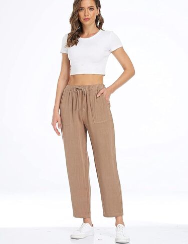 سراويل Dilgul النسائية القصيرة من الكتان برباط خصر مطاطي كاجوال فضفاضة ومريحة مع جيوب in Kuwait