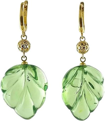 AMBER ALEX Natural Amber Leaves Shape Green Color Dangle Earrings 14K Gold Plated, Genuine Caribbean Amber., Yellow Gold, caribbean amber in Saudi Arabia