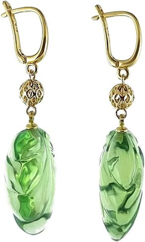 AMBER ALEX Natural Amber Leaves Shape Green Color Dangle Earrings 14K Gold Plated, Genuine Caribbean Amber., Yellow Gold, caribbean amber in Saudi Arabia