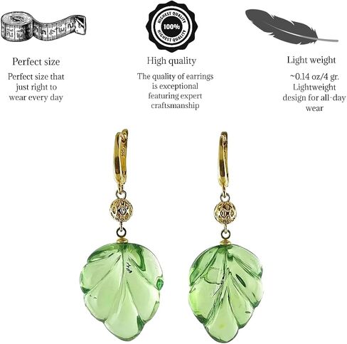 AMBER ALEX Natural Amber Leaves Shape Green Color Dangle Earrings 14K Gold Plated, Genuine Caribbean Amber., Yellow Gold, caribbean amber in Saudi Arabia