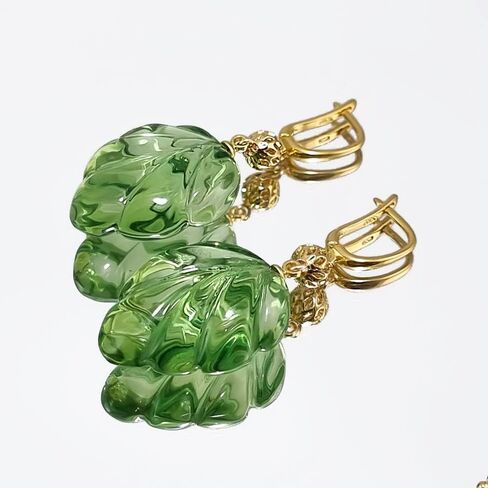 AMBER ALEX Natural Amber Leaves Shape Green Color Dangle Earrings 14K Gold Plated, Genuine Caribbean Amber., Yellow Gold, caribbean amber in Saudi Arabia