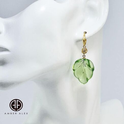 AMBER ALEX Natural Amber Leaves Shape Green Color Dangle Earrings 14K Gold Plated, Genuine Caribbean Amber., Yellow Gold, caribbean amber in Saudi Arabia