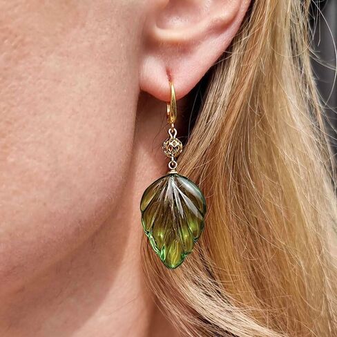 AMBER ALEX Natural Amber Leaves Shape Green Color Dangle Earrings 14K Gold Plated, Genuine Caribbean Amber., Yellow Gold, caribbean amber in Saudi Arabia