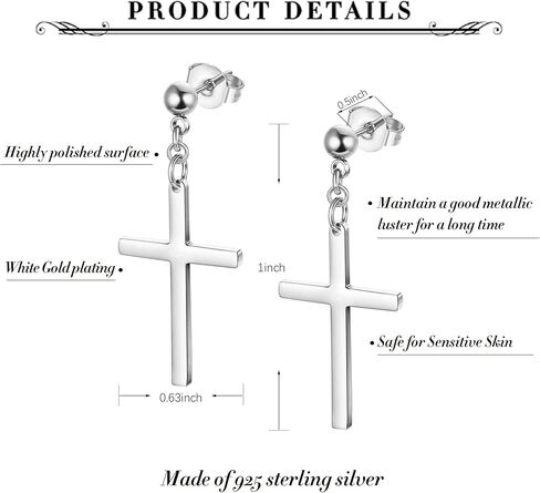 Sllaiss 925 فضة الصليب استرخى أقراط للرجال النساء للجنسين الفضة الصليب قرط متدلي أقراط كول إسقاط مجوهرات المسيحية in Kuwait
