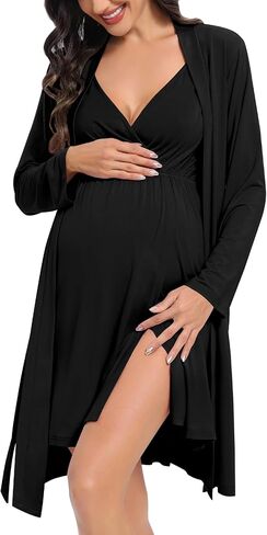 DIKFA Womens Maternity Set 2PCS Nursing Nightgown for Breastfeeding 3 in 1 Labor Delivery Nursing Dress Birthing Bathrobe Set in Saudi Arabia
