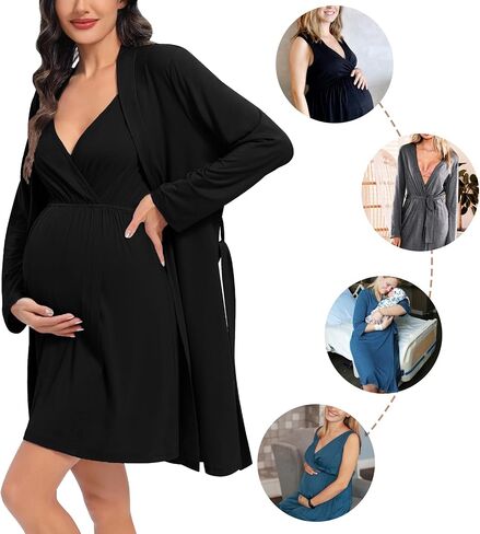 DIKFA Womens Maternity Set 2PCS Nursing Nightgown for Breastfeeding 3 in 1 Labor Delivery Nursing Dress Birthing Bathrobe Set in Saudi Arabia