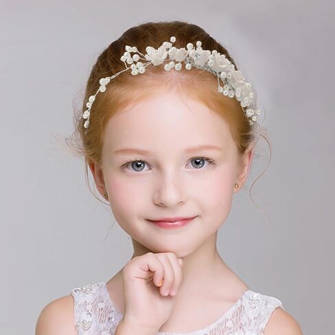 KALLORY Girls Headbands Kids Tiara Wedding Flower Girl Headband Pearls Headpiece Flower Hairband for Wedding Party Flower Girl Hair Accessory Flower Girl Hair Accessory in Kuwait