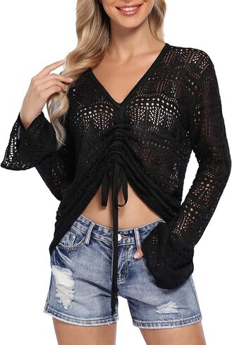 KOJOOIN Women's Long Sleeve Off Shoulder Pullover Sweaters Drawstring Ajustable Knitted Blouse See Through Crochet Crop Tops in Saudi Arabia