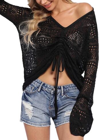 KOJOOIN Women's Long Sleeve Off Shoulder Pullover Sweaters Drawstring Ajustable Knitted Blouse See Through Crochet Crop Tops in Saudi Arabia