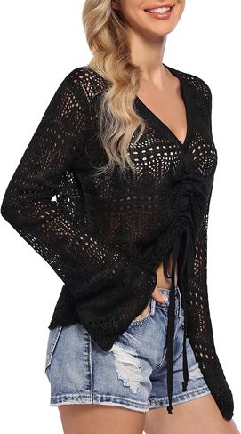 KOJOOIN Women's Long Sleeve Off Shoulder Pullover Sweaters Drawstring Ajustable Knitted Blouse See Through Crochet Crop Tops in Saudi Arabia