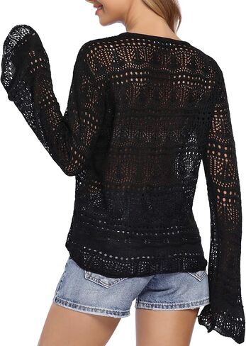 KOJOOIN Women's Long Sleeve Off Shoulder Pullover Sweaters Drawstring Ajustable Knitted Blouse See Through Crochet Crop Tops in Saudi Arabia