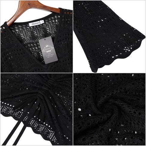 KOJOOIN Women's Long Sleeve Off Shoulder Pullover Sweaters Drawstring Ajustable Knitted Blouse See Through Crochet Crop Tops in Saudi Arabia