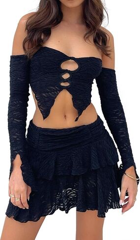 Women's 2 Piece Outfits Textured Cut Out Split Front Asymmetrical Tube Top and Ruffle Mini Skirt Set in Kuwait