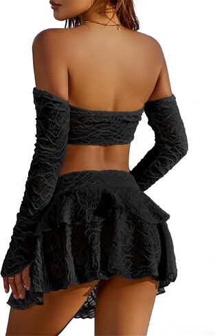 Women's 2 Piece Outfits Textured Cut Out Split Front Asymmetrical Tube Top and Ruffle Mini Skirt Set in Kuwait