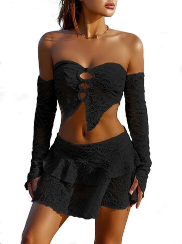 Women's 2 Piece Outfits Textured Cut Out Split Front Asymmetrical Tube Top and Ruffle Mini Skirt Set in Kuwait