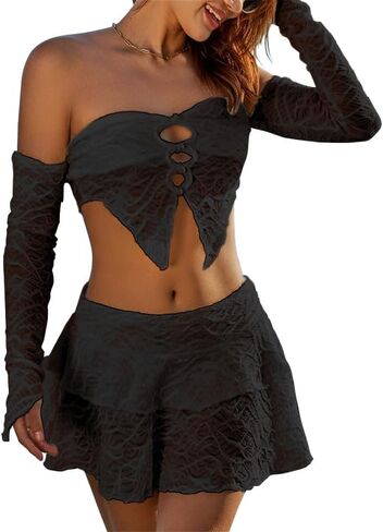 Women's 2 Piece Outfits Textured Cut Out Split Front Asymmetrical Tube Top and Ruffle Mini Skirt Set in Kuwait