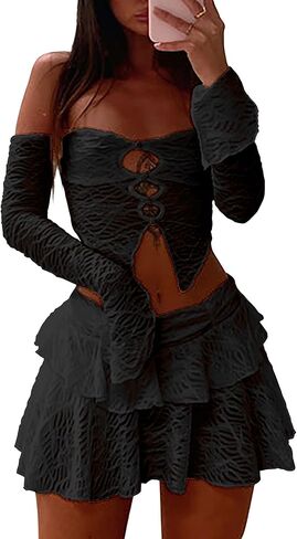 Women's 2 Piece Outfits Textured Cut Out Split Front Asymmetrical Tube Top and Ruffle Mini Skirt Set in Kuwait