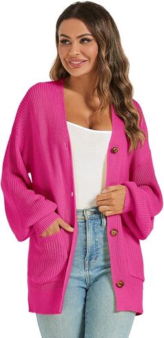 Shermia Womens Long Sleeve Button Down Cardigans Lantern Sleeve Knit Oversized Swearters with Pockets in Kuwait