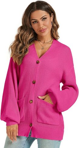 Shermia Womens Long Sleeve Button Down Cardigans Lantern Sleeve Knit Oversized Swearters with Pockets in Kuwait