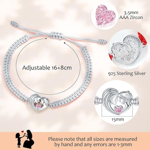 J.Endéar سوار الأم والابنة مصنوع يدويًا من حبل مضفر 925 من الفضة الاسترليني على شكل قلب للأم والابنة هدية عيد ميلاد للنساء والفتيات in Kuwait
