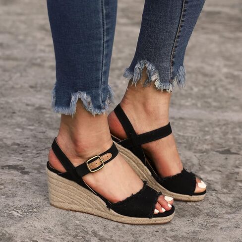 صنادل نسائية من amiuwen صندل بكعب عريض مفتوح من الأمام أحذية نسائية صيفية غير رسمية موجزة مقاس 2.95 بوصة وإبزيم للكعب وشريط للكاحل علوي من الجينز in Kuwait