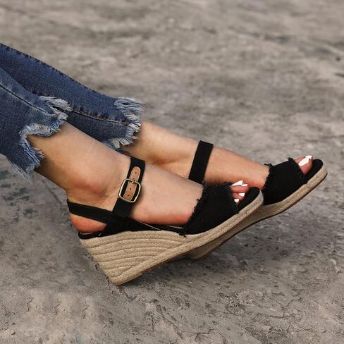 صنادل نسائية من amiuwen صندل بكعب عريض مفتوح من الأمام أحذية نسائية صيفية غير رسمية موجزة مقاس 2.95 بوصة وإبزيم للكعب وشريط للكاحل علوي من الجينز in Kuwait