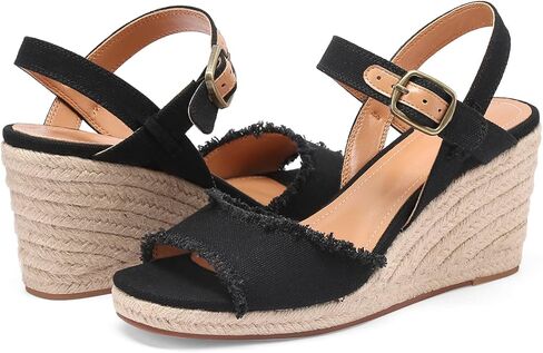 صنادل نسائية من amiuwen صندل بكعب عريض مفتوح من الأمام أحذية نسائية صيفية غير رسمية موجزة مقاس 2.95 بوصة وإبزيم للكعب وشريط للكاحل علوي من الجينز in Kuwait