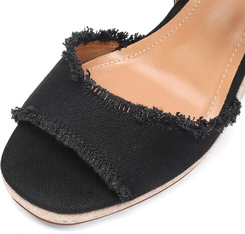 صنادل نسائية من amiuwen صندل بكعب عريض مفتوح من الأمام أحذية نسائية صيفية غير رسمية موجزة مقاس 2.95 بوصة وإبزيم للكعب وشريط للكاحل علوي من الجينز in Kuwait