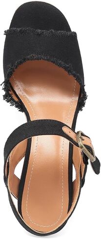 صنادل نسائية من amiuwen صندل بكعب عريض مفتوح من الأمام أحذية نسائية صيفية غير رسمية موجزة مقاس 2.95 بوصة وإبزيم للكعب وشريط للكاحل علوي من الجينز in Kuwait