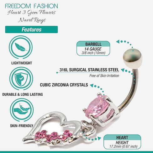 الحرية أزياء القلب 3 جوهرة الزهور التيتانيوم رمح البطن السرة خواتم 316L الفولاذ الجراحي in Kuwait