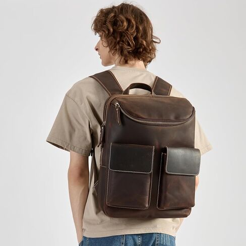 شنطة ظهر للابتوب من الجلد المحبب بالكامل مقاس 15 انش للرجال من هيسباري، شنطة ظهر كبيرة للتخييم والسفر، لون بني، مقاس L، شنطة ظهر للاب توب مقاس 15 انش مع حافظة in Kuwait