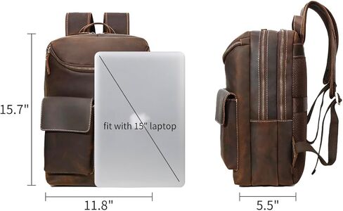 شنطة ظهر للابتوب من الجلد المحبب بالكامل مقاس 15 انش للرجال من هيسباري، شنطة ظهر كبيرة للتخييم والسفر، لون بني، مقاس L، شنطة ظهر للاب توب مقاس 15 انش مع حافظة in Kuwait