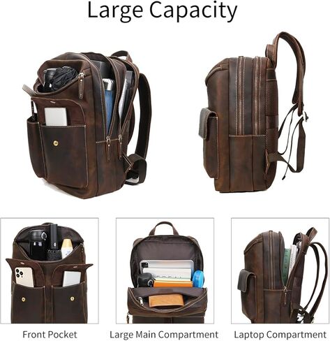 شنطة ظهر للابتوب من الجلد المحبب بالكامل مقاس 15 انش للرجال من هيسباري، شنطة ظهر كبيرة للتخييم والسفر، لون بني، مقاس L، شنطة ظهر للاب توب مقاس 15 انش مع حافظة in Kuwait