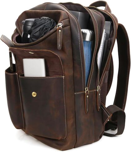 شنطة ظهر للابتوب من الجلد المحبب بالكامل مقاس 15 انش للرجال من هيسباري، شنطة ظهر كبيرة للتخييم والسفر، لون بني، مقاس L، شنطة ظهر للاب توب مقاس 15 انش مع حافظة in Kuwait