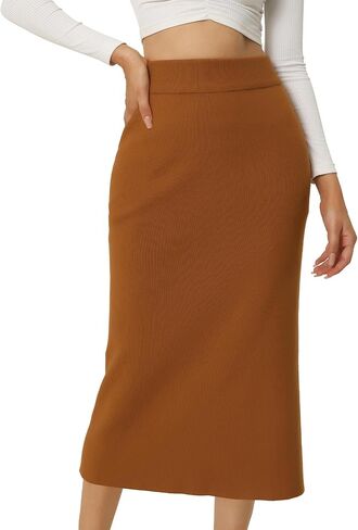 Women's Ribbed Knit Skirt Elastic Waist Slit Hem Stretchy Bodycon Skirts in Saudi Arabia