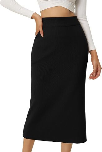 Women's Ribbed Knit Skirt Elastic Waist Slit Hem Stretchy Bodycon Skirts in Kuwait