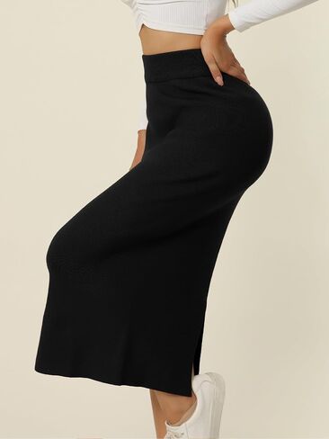 Women's Ribbed Knit Skirt Elastic Waist Slit Hem Stretchy Bodycon Skirts in Kuwait